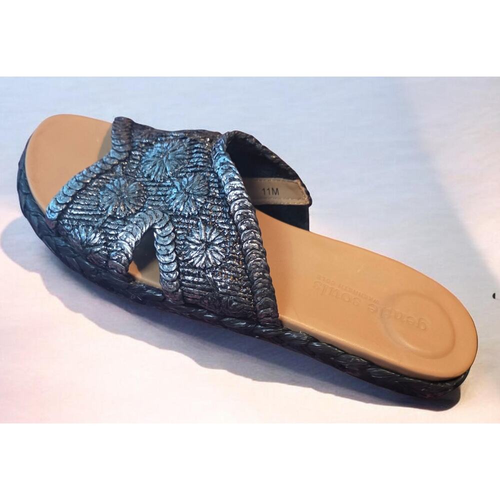 Gentle Souls Tristan Boho Floral Woven Slide Sandals in Pewter Black